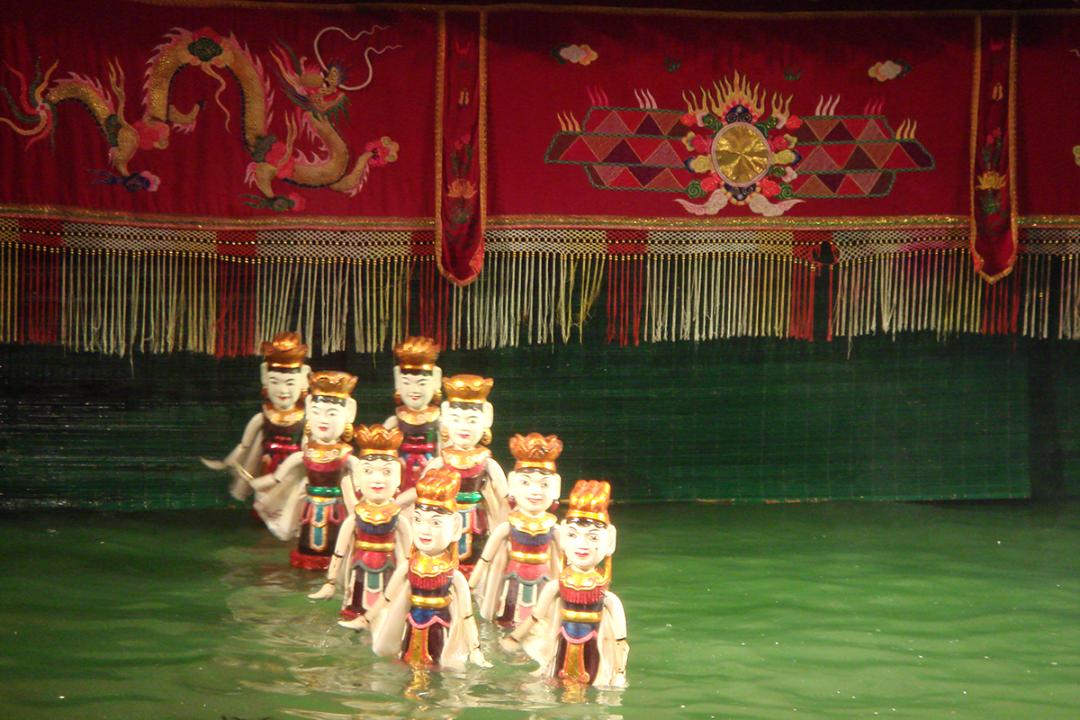 The Thang Long Water Puppet Theatre is made of water and the appearance of puppets wearing traditional Vietnamese's clothing.